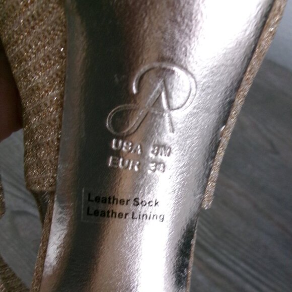 Adrianna Papell Shimmery Sparkly Gold Stiletto Heels Shoes Slingback Peep Toe 8 - Picture 10 of 16